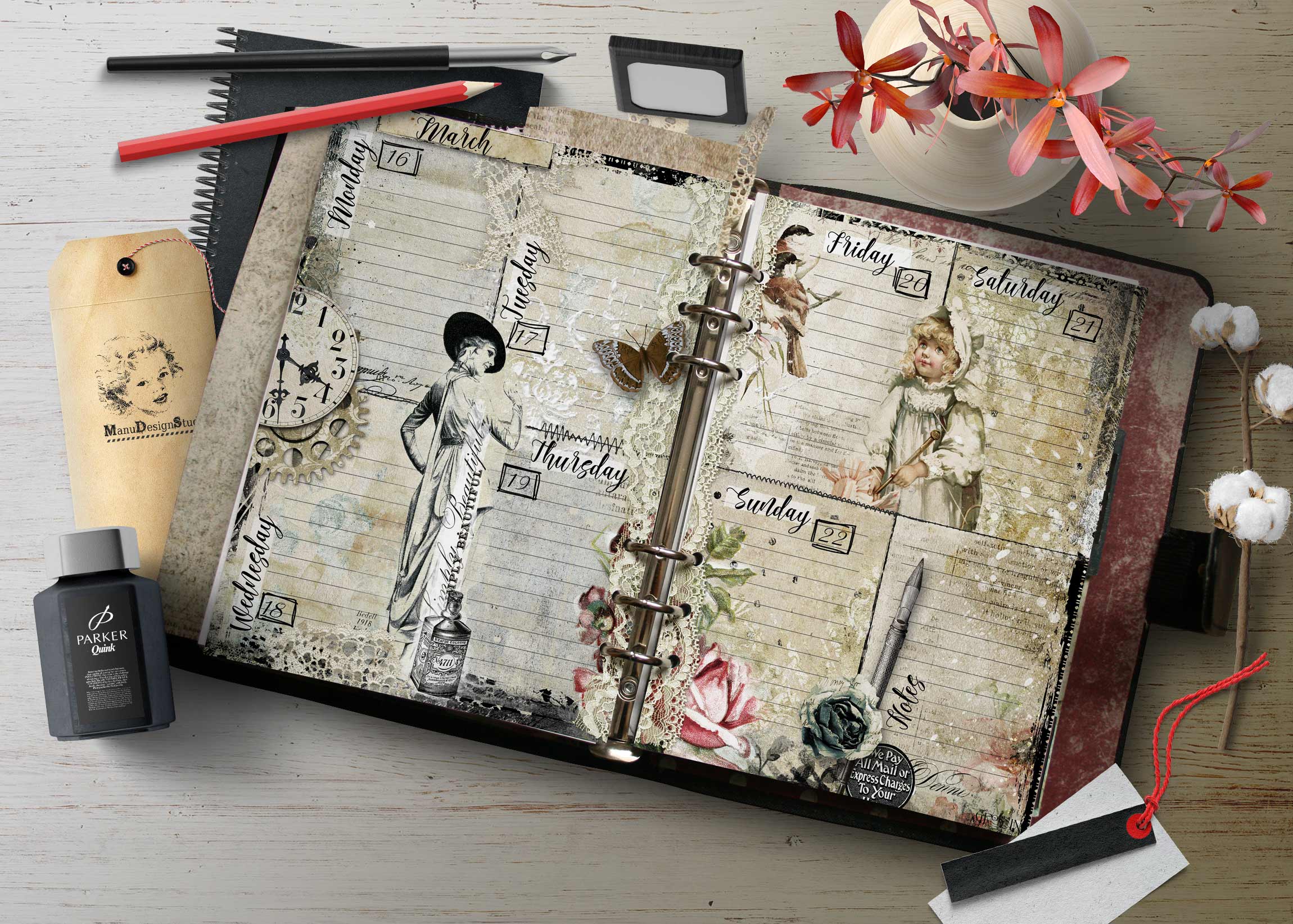 Open vintage planner with lace borders and antique illustrations spread on a white wooden desk, surrounded by pens and a flower arrangementVisual focus on a decorative weekly planner with ephemera and lace details.