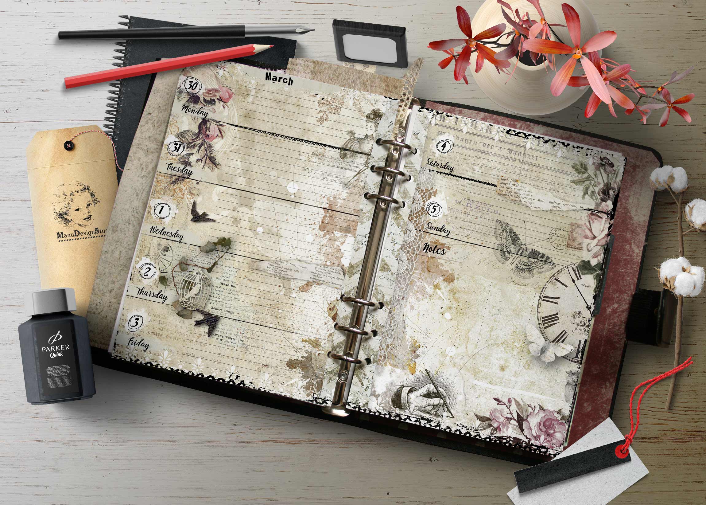 Vintage A5 weekly planner inserts Open vintage planner with floral designs and ring binder on a wooden desk, surrounded by art supplies and flowers.