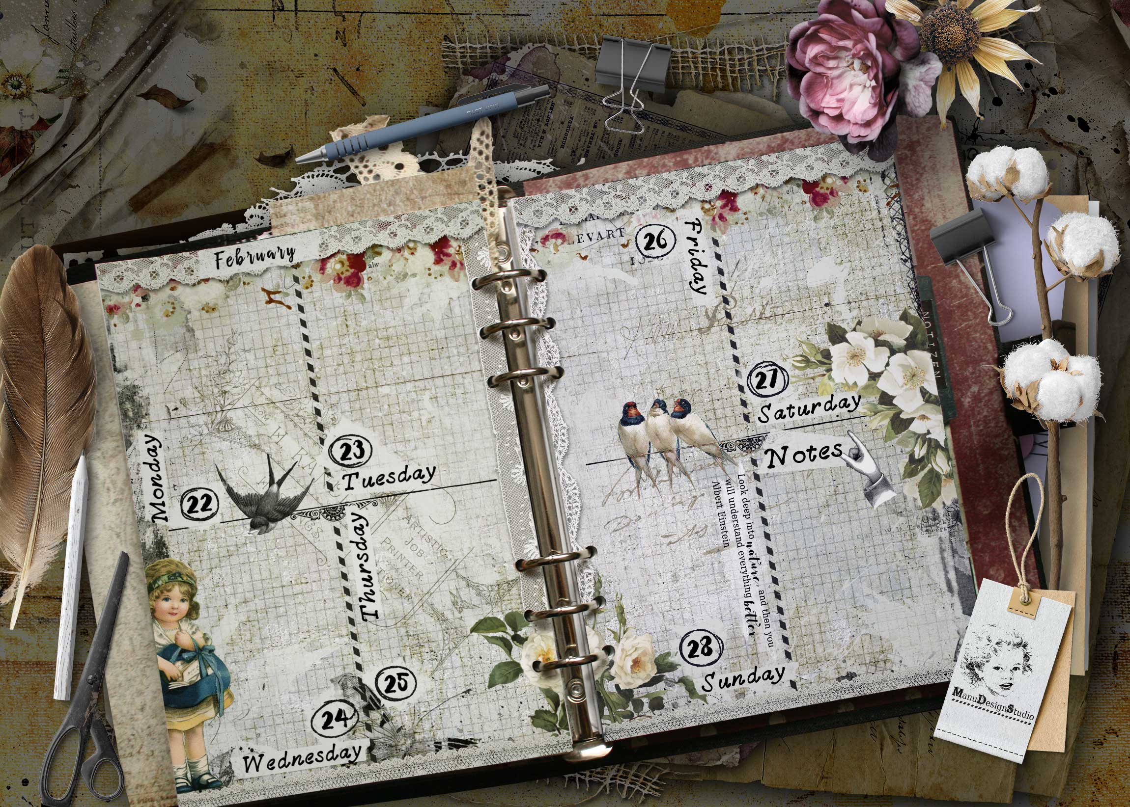 Open vintage weekly planner with lace trim, floral accents, and scattered office supplies on a textured desk surface. Vintage illustrated A5 planner pages with nostalgic figures and ephemera
