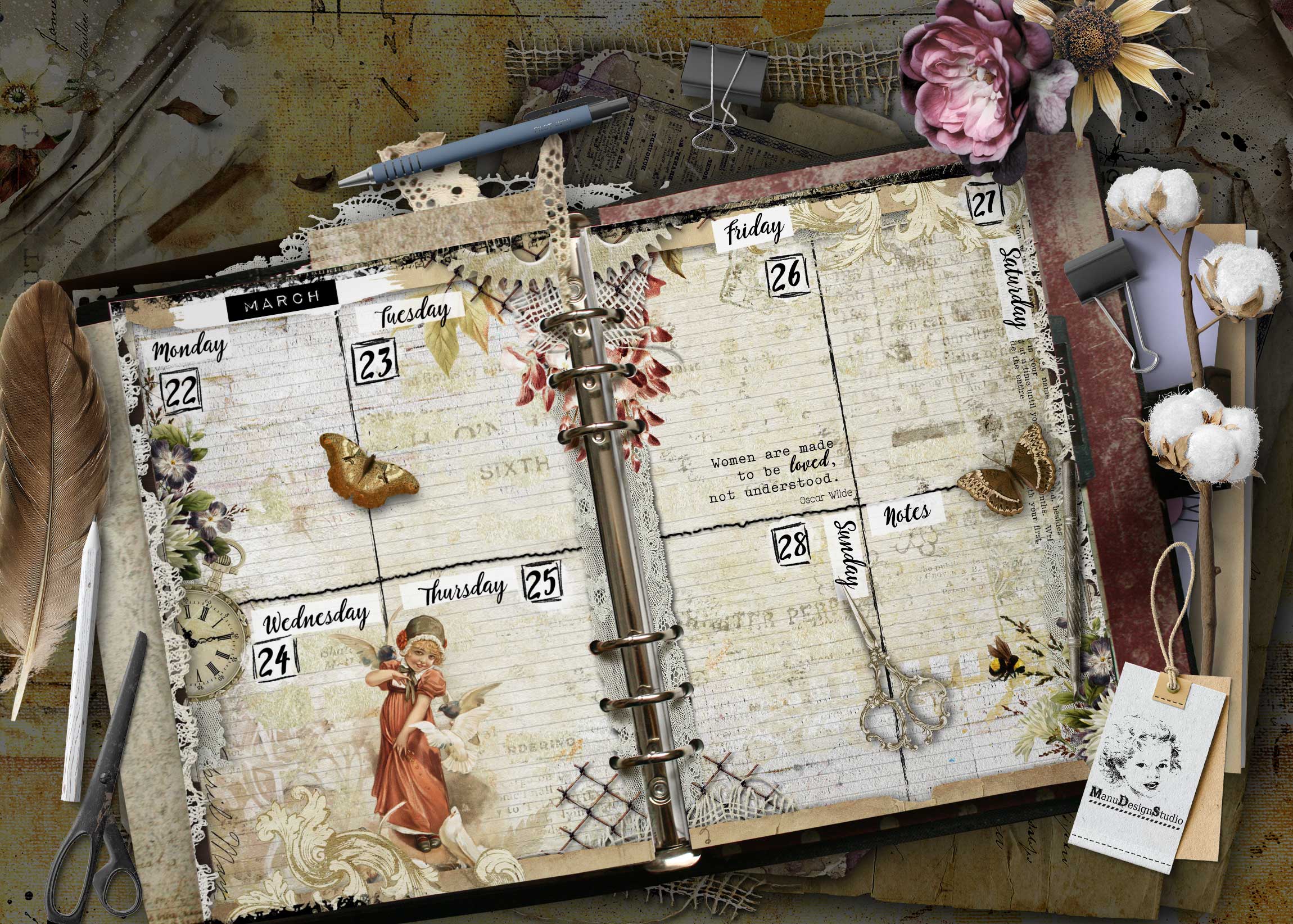 A vintage-style open planner with handwritten days, dates, and floral embellishments amid office supplies like scissors and a pen. A5 weekly planner with vintage woman illustration and antique scrapbook details