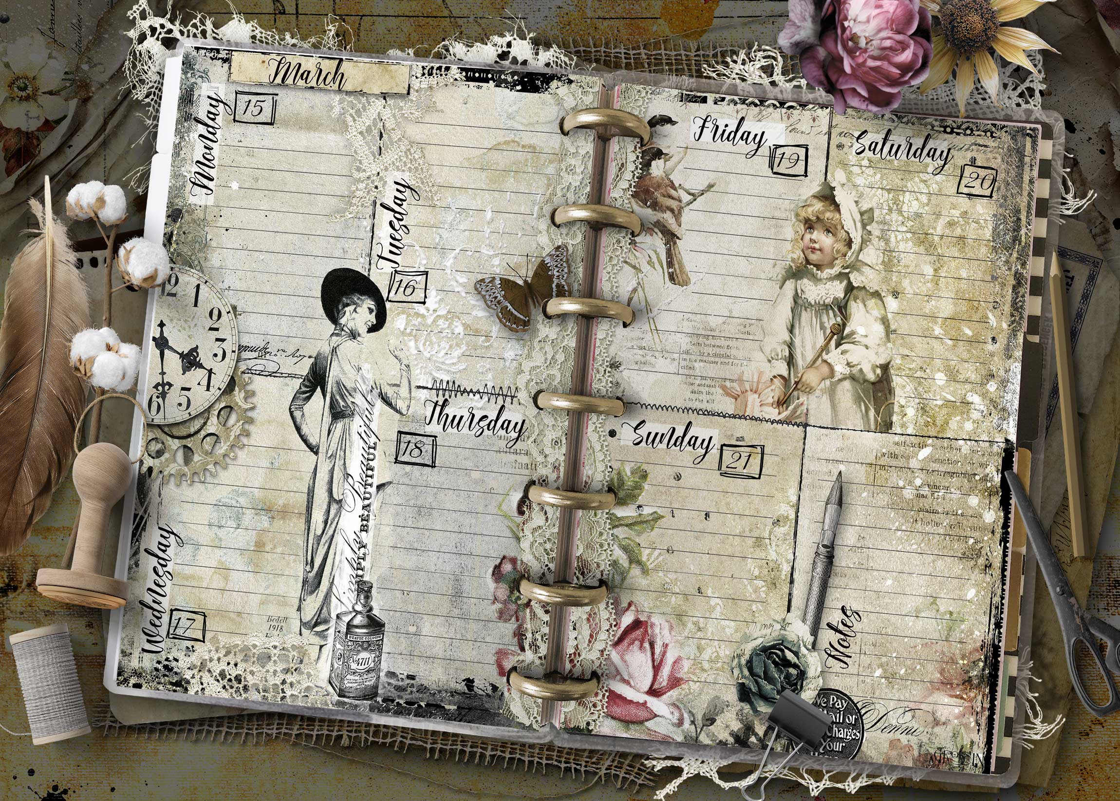 2027 Happy Planner Mini weekly planner pages with vintage black and white design