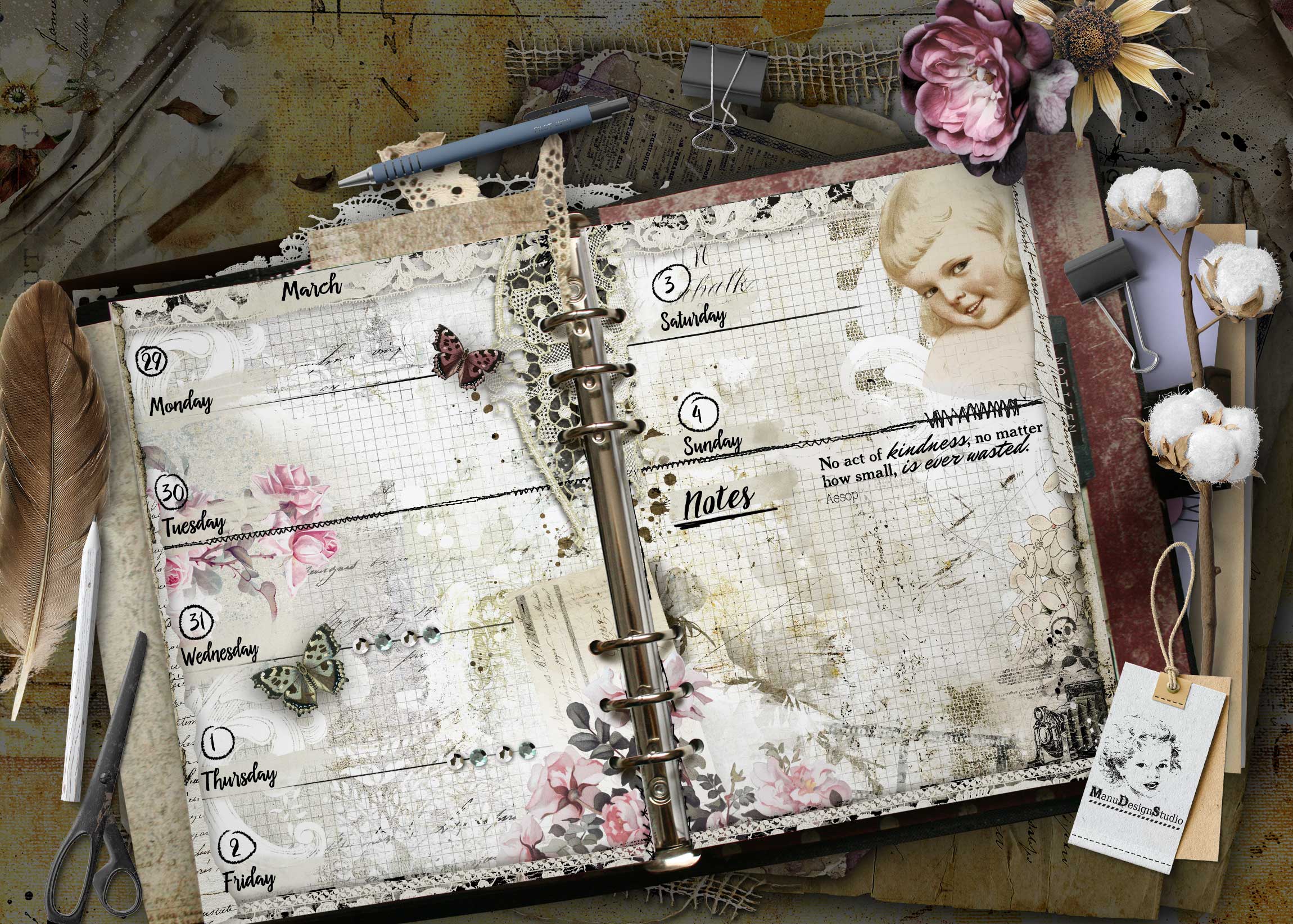Collage of a vintage planner open to weekly pages with handwritten days, lace, flowers, and office supplies scattered around. 2027 A5 planner pages with vintage illustrations and floral scrapbook details