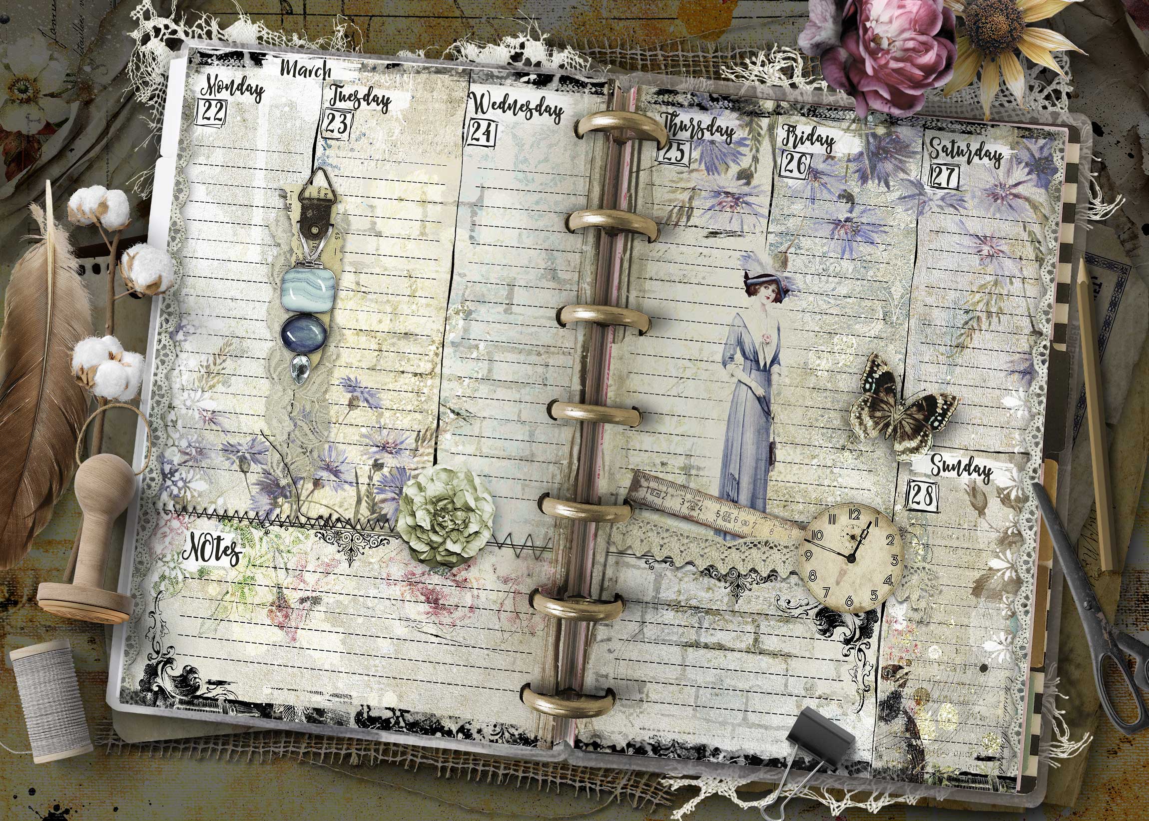 2027 Happy Planner Mini weekly planner spread with floral vintage artwork