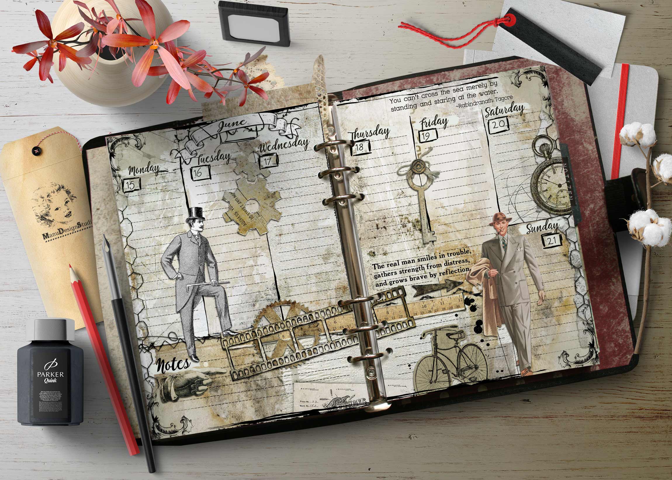 Open vintage planner on a light wood desk, surrounded by gears, sketches, and a vase of red flowers nearby.