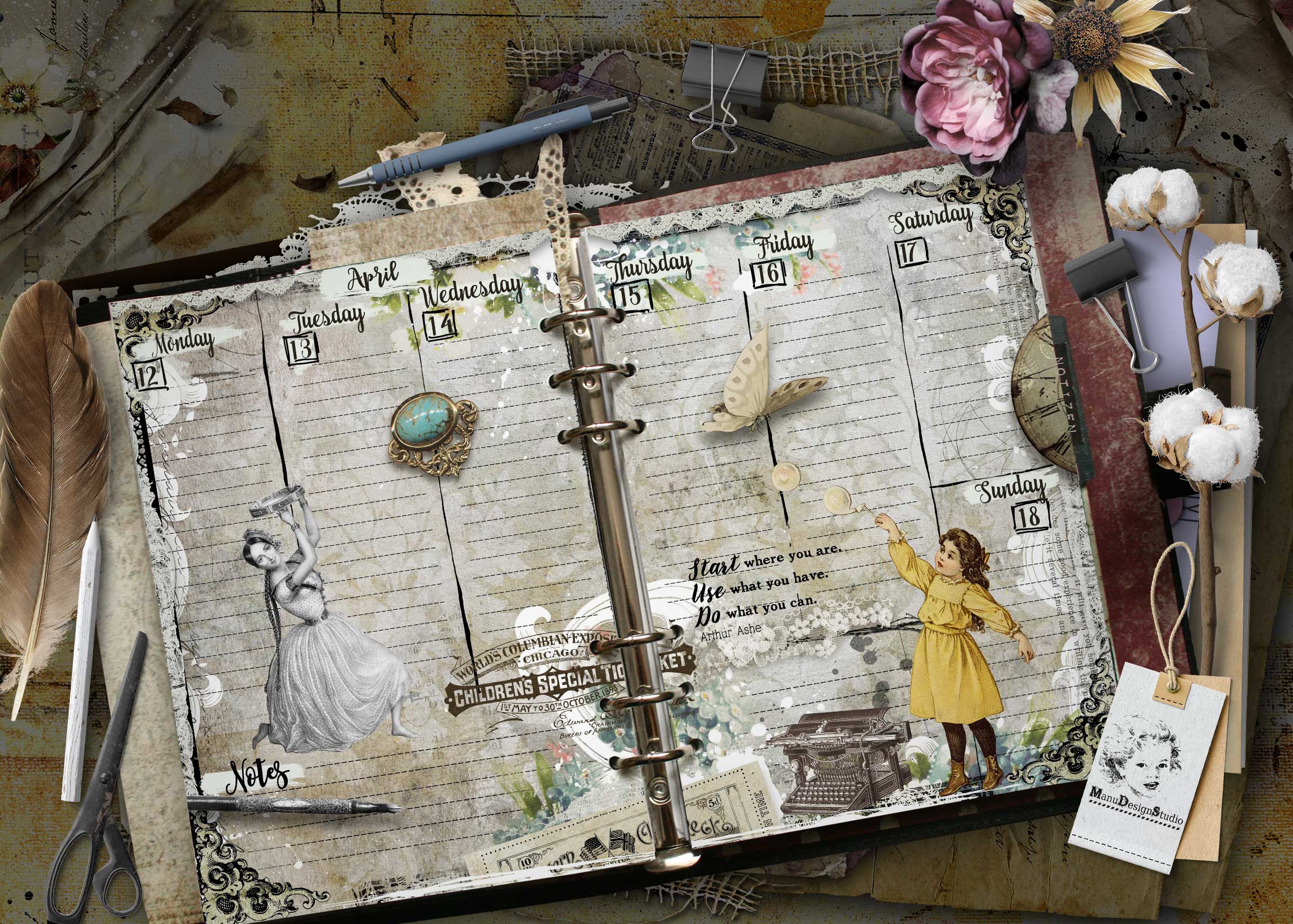 Vintage planner open to weekly pages with floral borders and scattered stationery in a decorative desk scene. A5 vintage weekly planner with illustrated woman and nostalgic paper details
