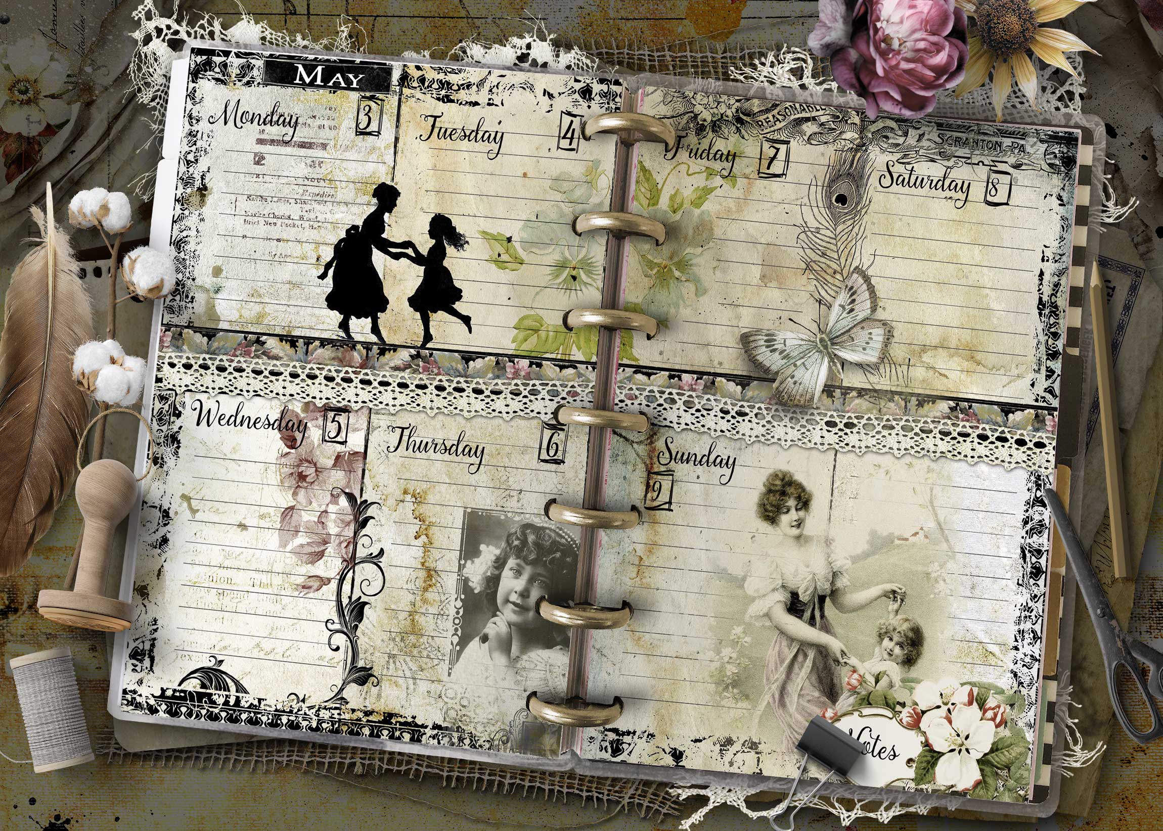 2027 Happy Planner Mini weekly planner pages with vintage fashion illustrations