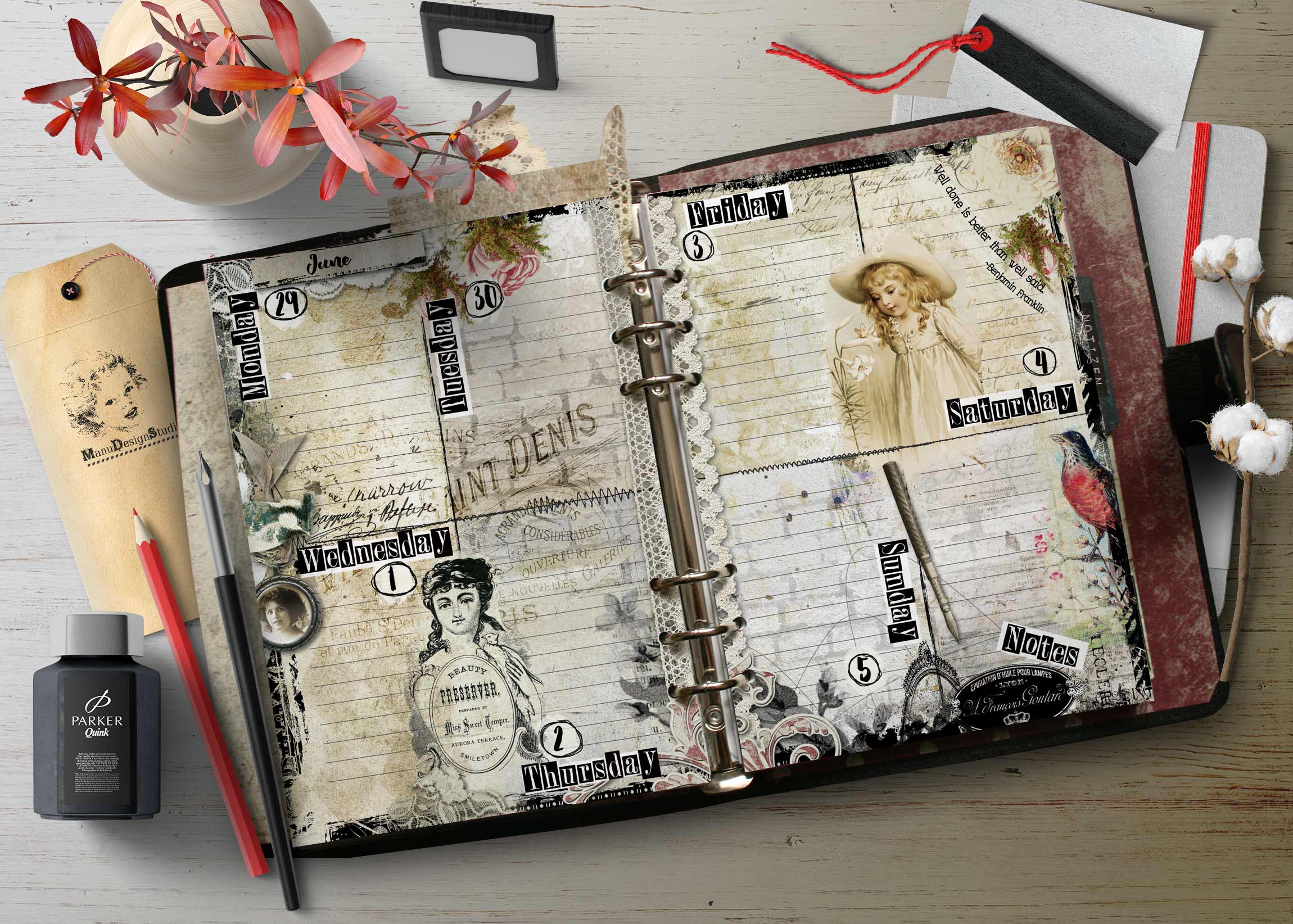 Overhead view of a vintage open planner showing Wednesday and Thursday with floral artwork and lace accents on a wooden desk, surrounded by stationery.