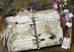 Open binder calendar with date grid, lace borders, and vintage stationery on a rustic desk. Vintage A5 planner pages with antique illustrations and botanical scrapbook elements