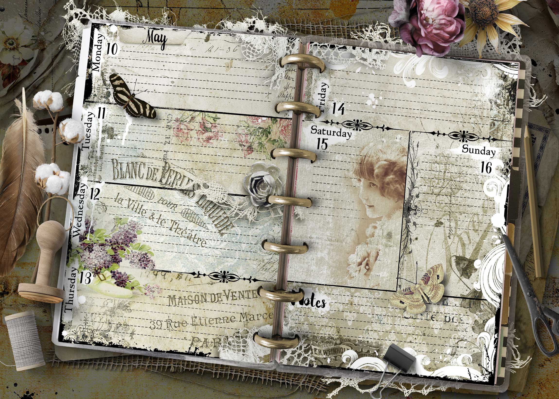 2027 Happy Planner Mini weekly refill pages with vintage collage artwork