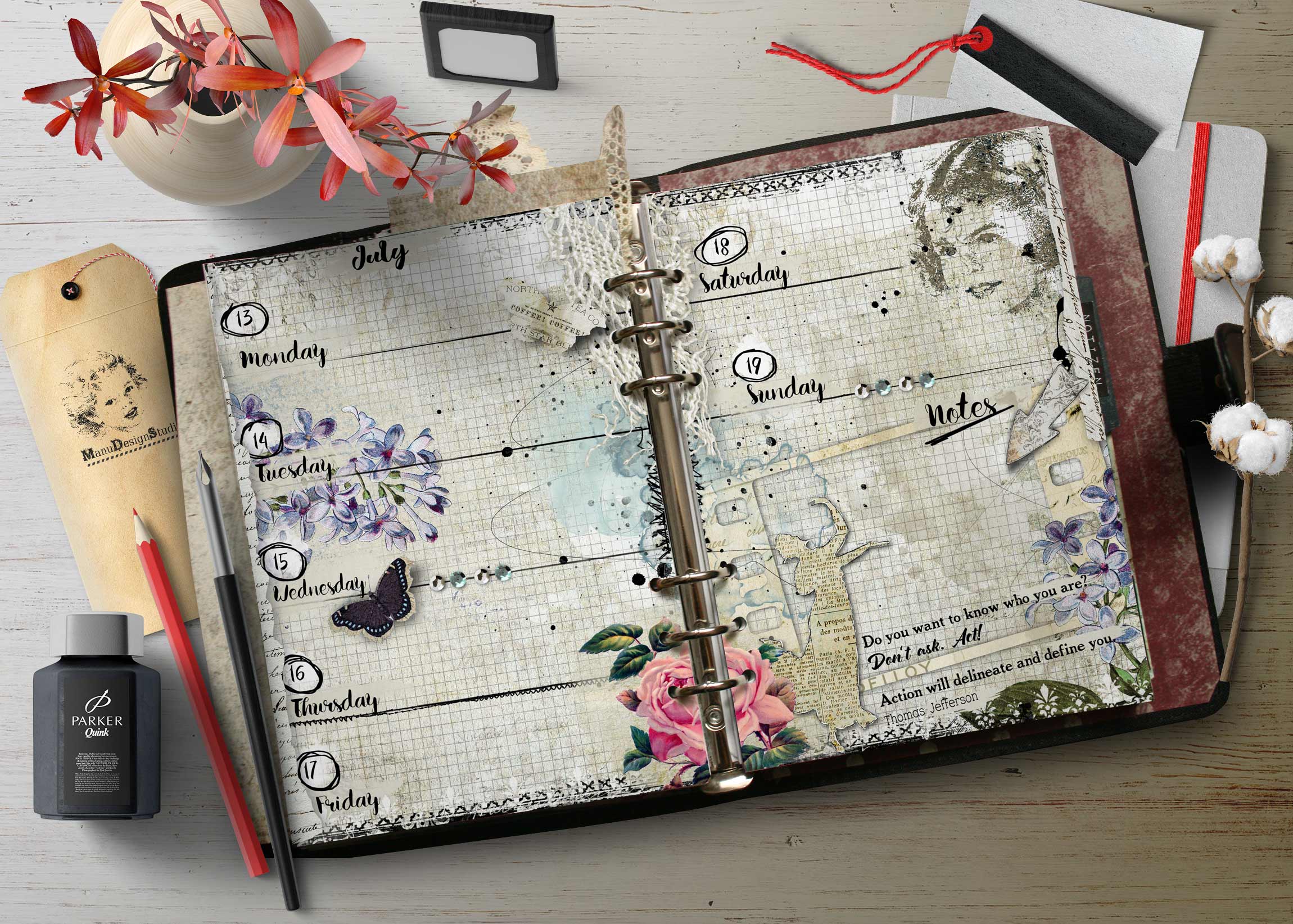 Open weekly planner on a light wooden desk surrounded by flowers, notebooks, and stationery accessories like pens and tape.