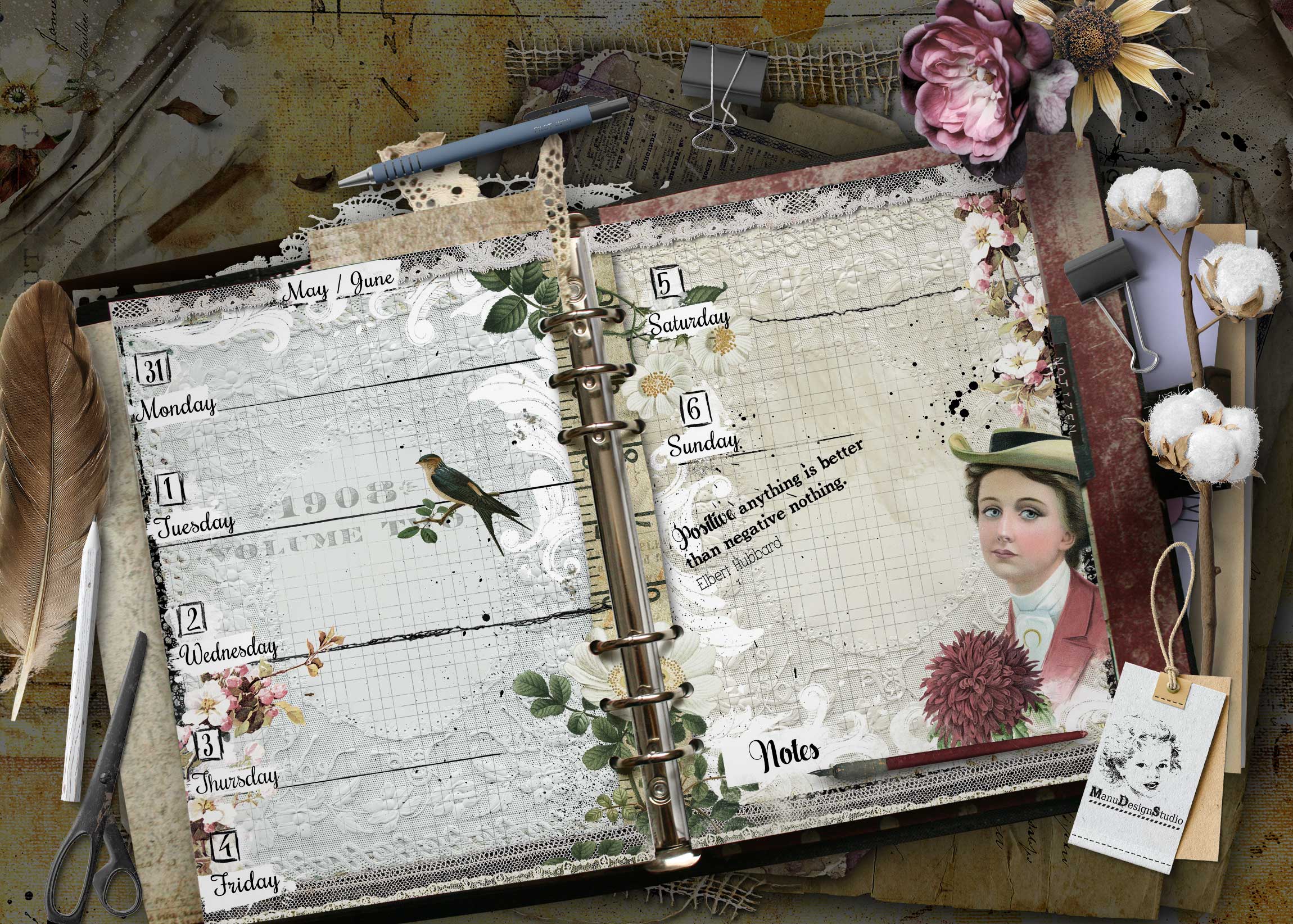 Open weekly planner with days of the week, lace decorations, and flowers on a vintage desk with pens and clips nearby. A5 weekly planner inserts with vintage illustrated woman and floral details