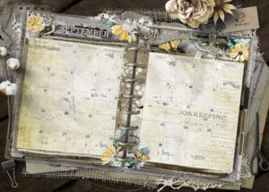 Vintage happy planner monthly layout of a monthly calendar page with rings, flowers, butterflies, and lace accents.