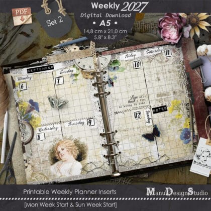 Cover for printable weekly planner inserts showing a vintage collage of florals, calendars, and a binder.