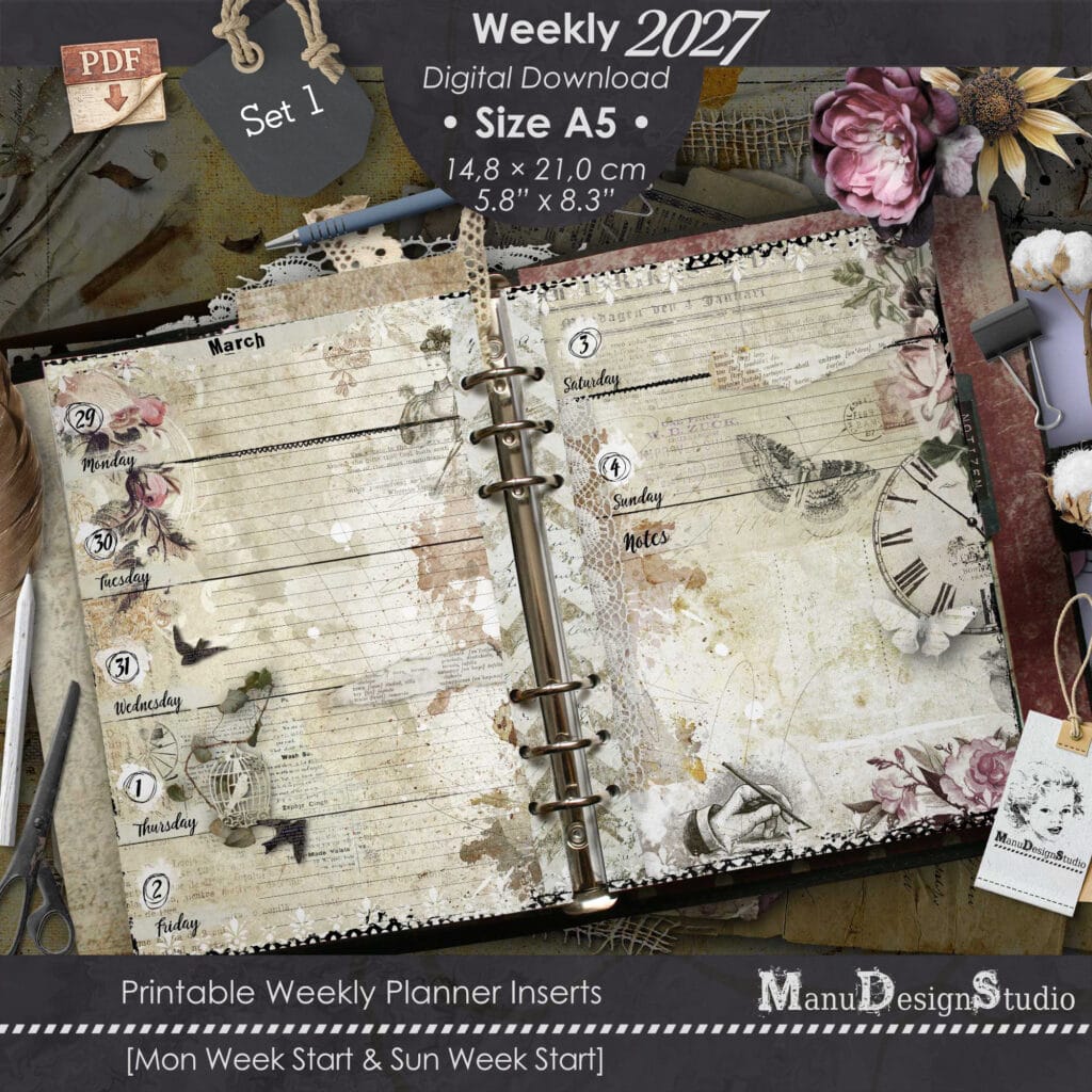 2027 A5 printable weekly planner inserts Set 1 with vintage floral scrapbook design, Monday and Sunday start