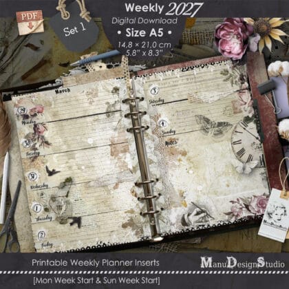 2027 A5 printable weekly planner inserts Set 1 with vintage floral scrapbook design, Monday and Sunday start