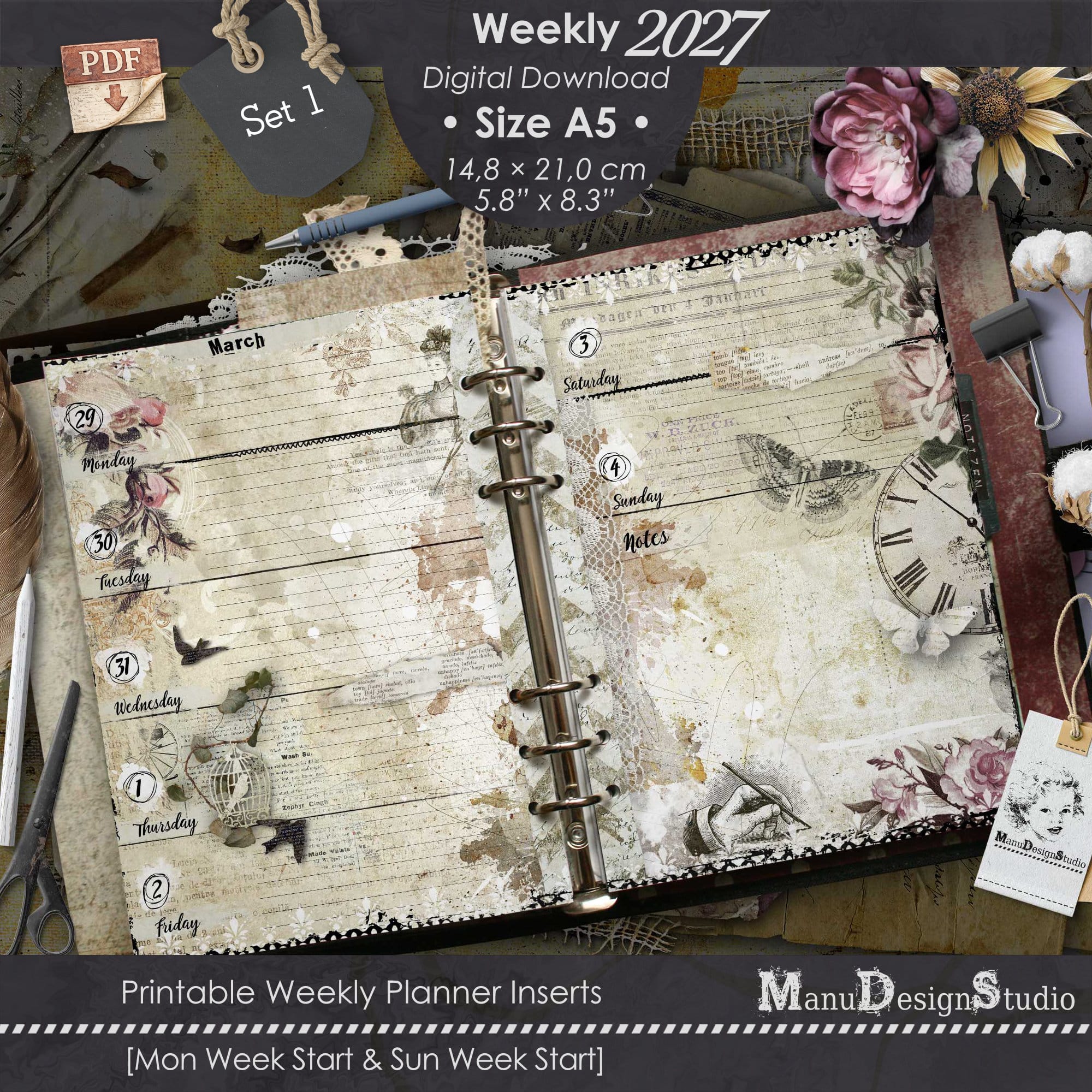 2027 A5 printable weekly planner inserts Set 1 with vintage floral scrapbook design, Monday and Sunday start