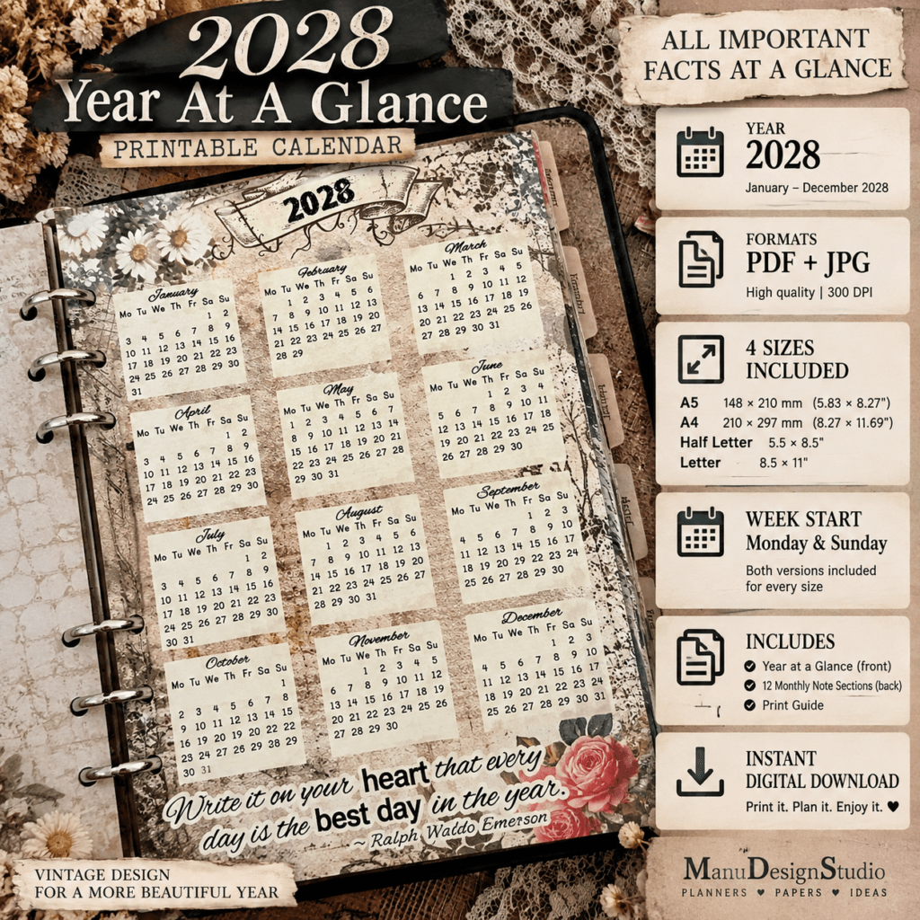2028 Year At A Glance Page – Vintage Printable PDF