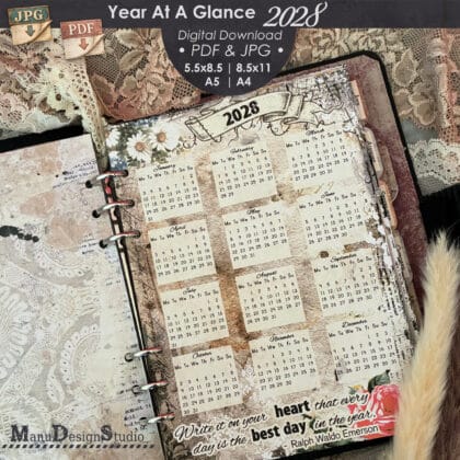 Vintage 2028 Year at a Glance calendar displayed in a planner, with “2028” at the top, twelve monthly calendars in the center, and red roses at the bottom right, surrounded by lace and vintage paper details.
