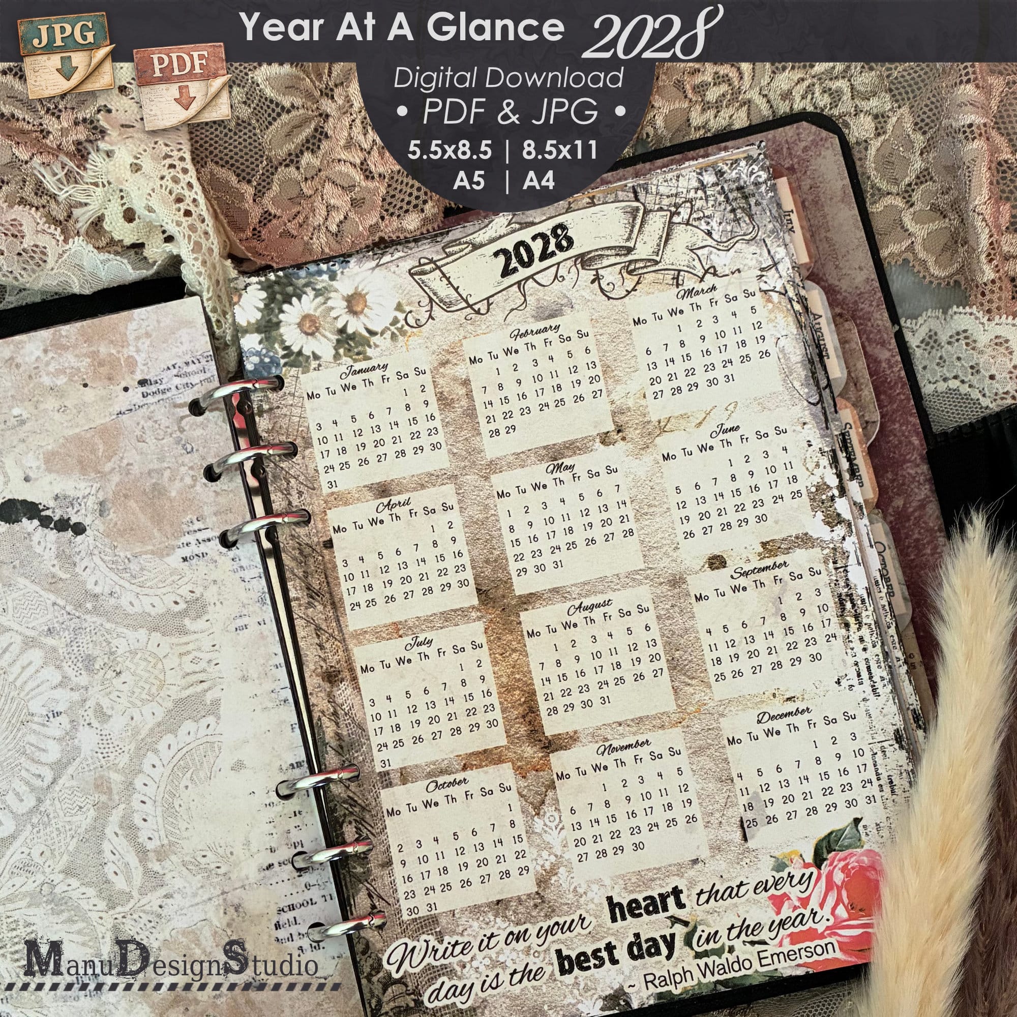 Vintage 2028 Year at a Glance calendar displayed in a planner, with “2028” at the top, twelve monthly calendars in the center, and red roses at the bottom right, surrounded by lace and vintage paper details.