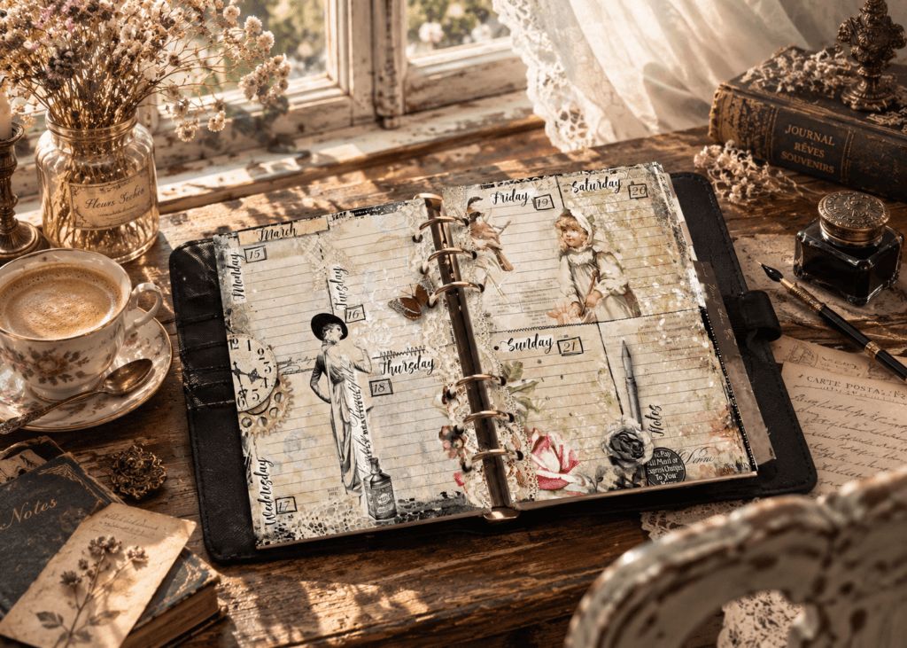2027 Personal Size weekly planner inserts with vintage-inspired layouts on an antique desk in soft morning light