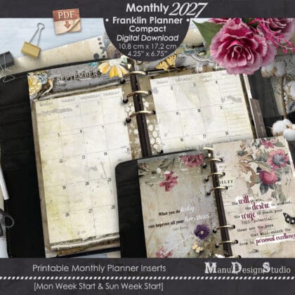 2027 Franklin Covey Compact monthly planner inserts in vintage style with Monday and Sunday start