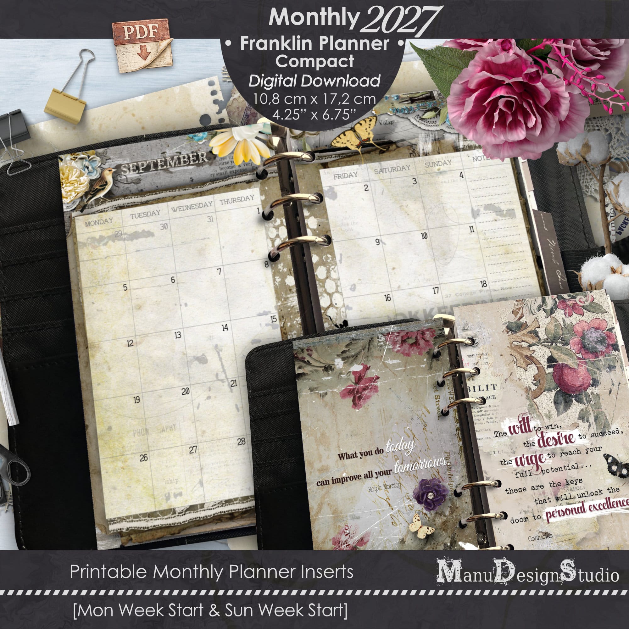 2027 Franklin Covey Compact monthly planner inserts in vintage style with Monday and Sunday start
