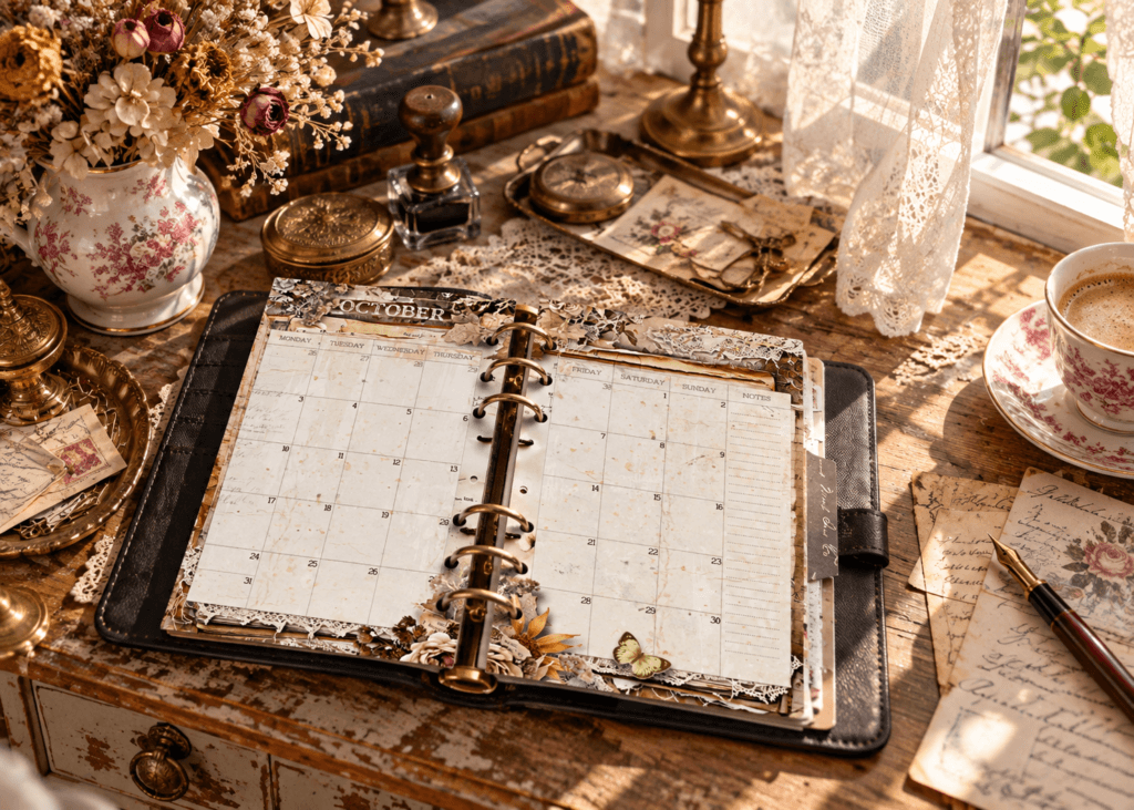 Printable monthly planner pages Franklin Covey Compact Size, 4.25 x 6.75 in. Pretty vintage style, showing october page open spread laying on an old, antique desktop surrounded by old writing tools, dried flowers, old letters