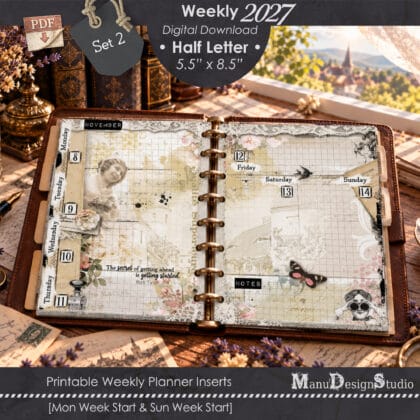 2028 vintage weekly planner pages in a brown leather ring planner on an antique writing desk