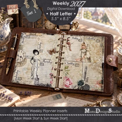 2027 Half Letter weekly planner printable inserts Set 1 with vintage-inspired design, 8-disc layout and Monday and Sunday week starts