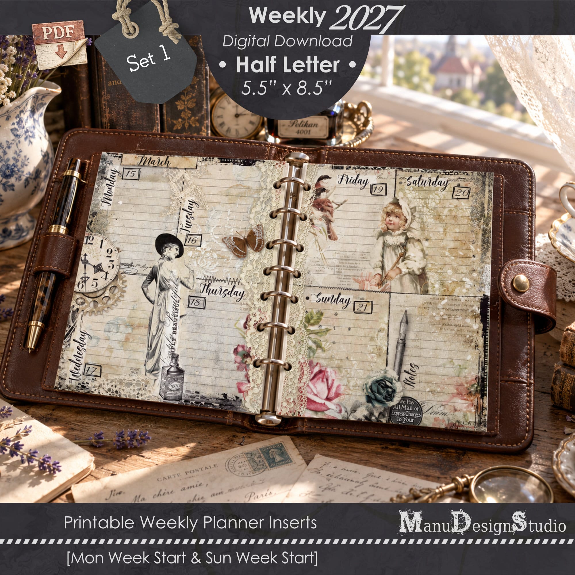 2027 Half Letter weekly planner printable inserts Set 1 with vintage-inspired design, 8-disc layout and Monday and Sunday week starts