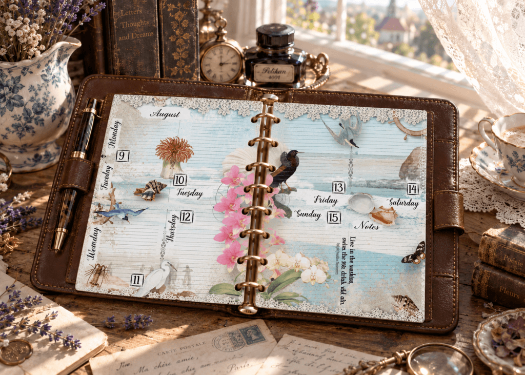 2028 vintage weekly planner pages in a brown leather ring planner on an antique writing desk