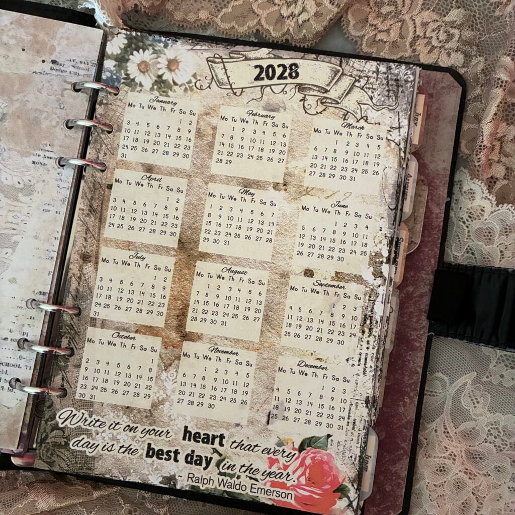 2028 Year at a Glance planner page displayed in a vintage black 6-ring planner. The page features all twelve months of 2028 in a classic calendar overview, surrounded by vintage collage elements, botanical details, handwritten textures and a decorative Ralph Waldo Emerson quote. The vintage planner is photographed on an antique lace-covered desk, creating a nostalgic and timeless atmosphere. Printable yearly calendar page available in multiple planner sizes.