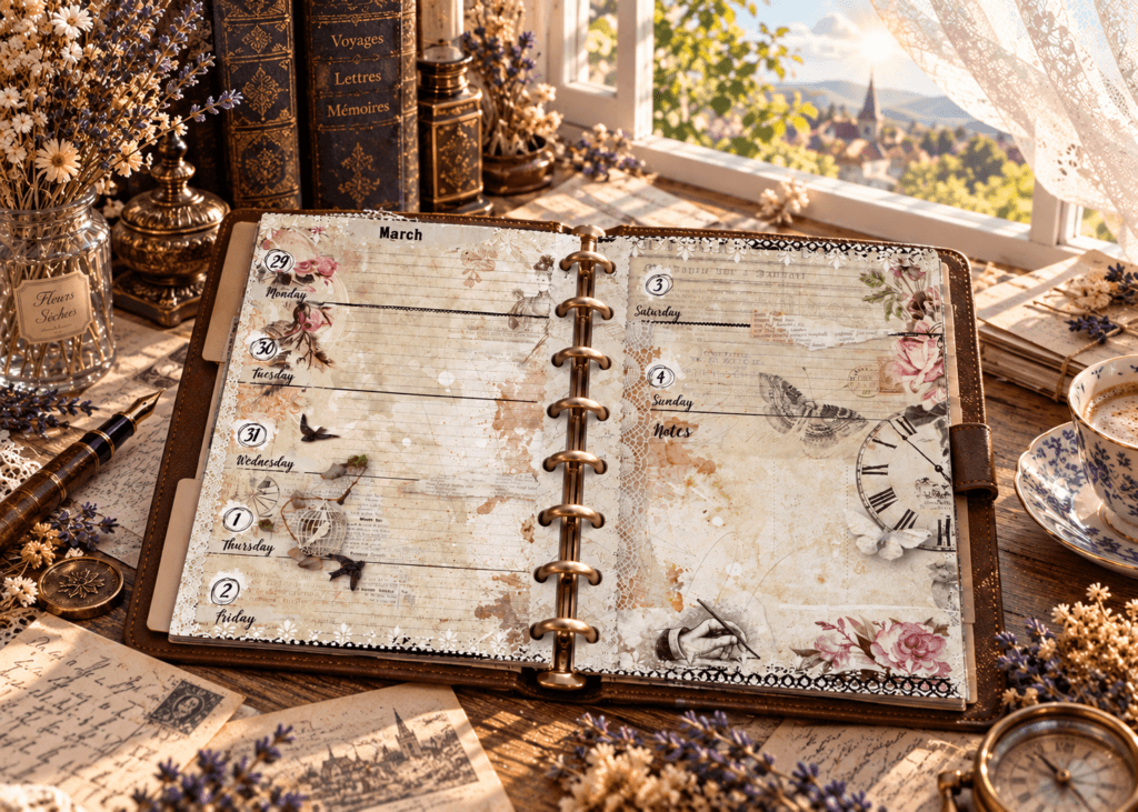 2027 Half Letter weekly planner inserts in a vintage floral design inside an 8-disc discbound planner on an antique desk