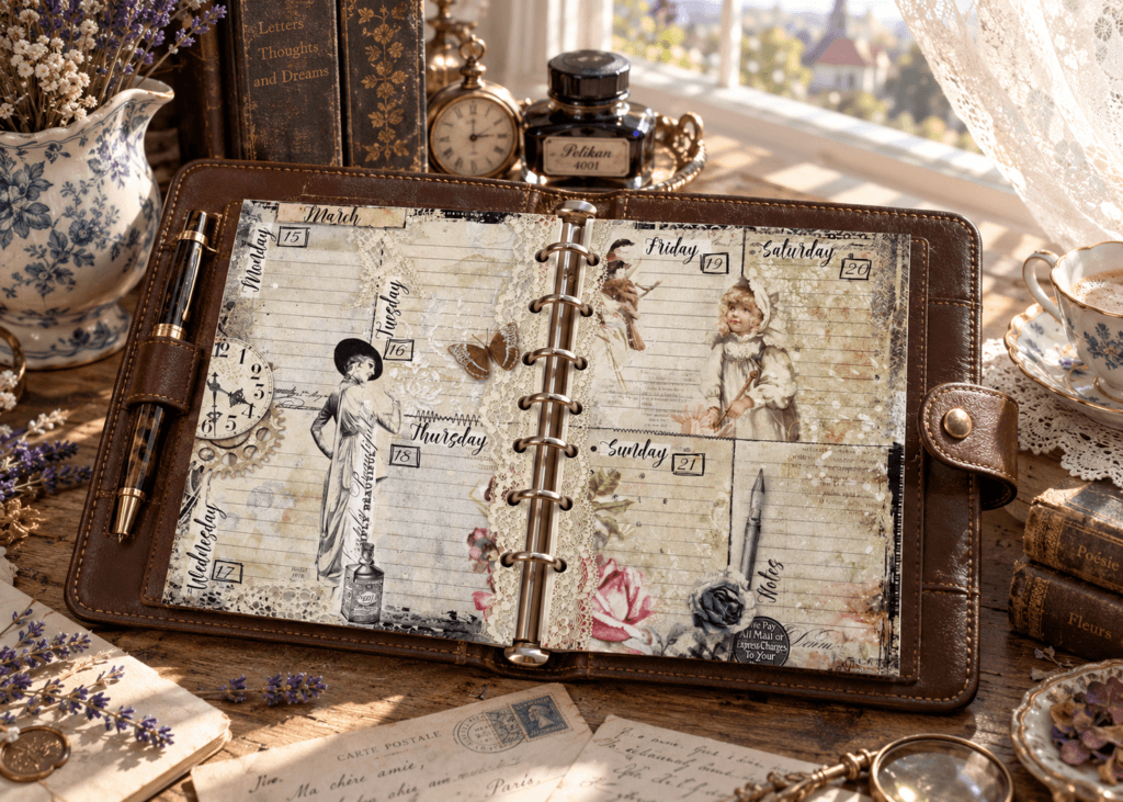 2027 Half Letter weekly planner inserts in a vintage 7-ring leather planner on an antique writing desk