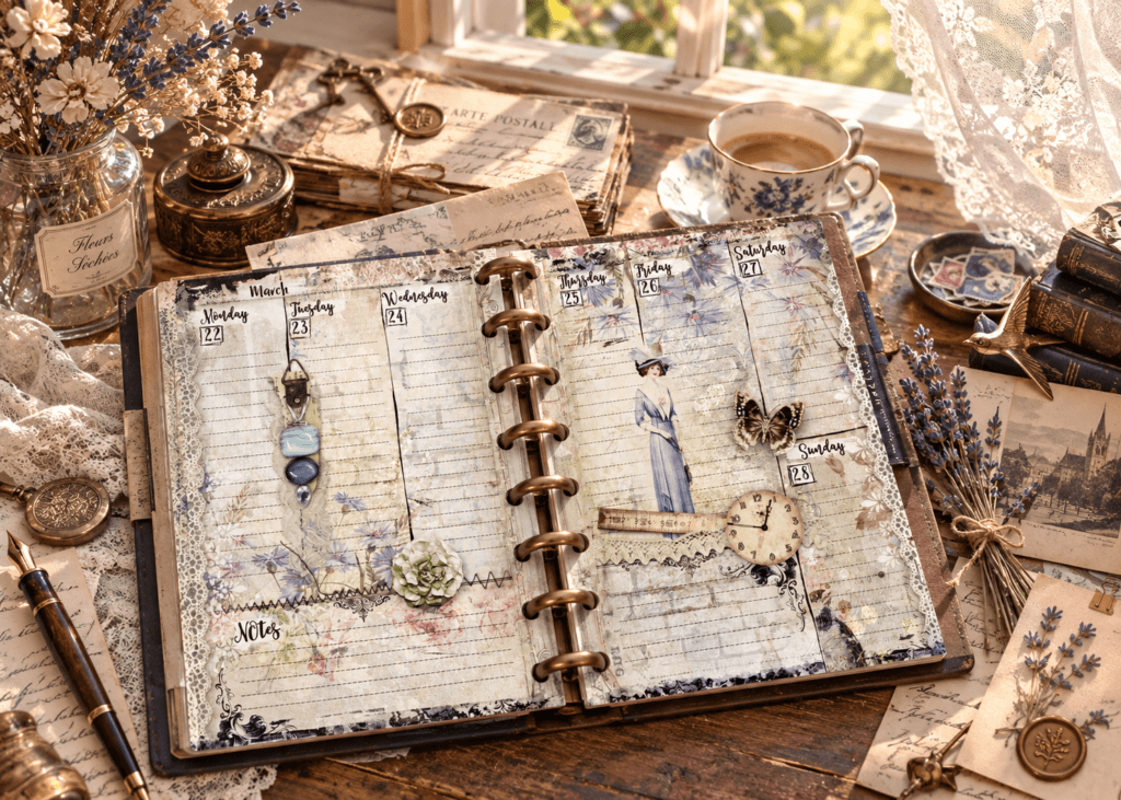 2027 Half Letter weekly planner inserts in a vintage 8-disc discbound planner on an antique writing desk