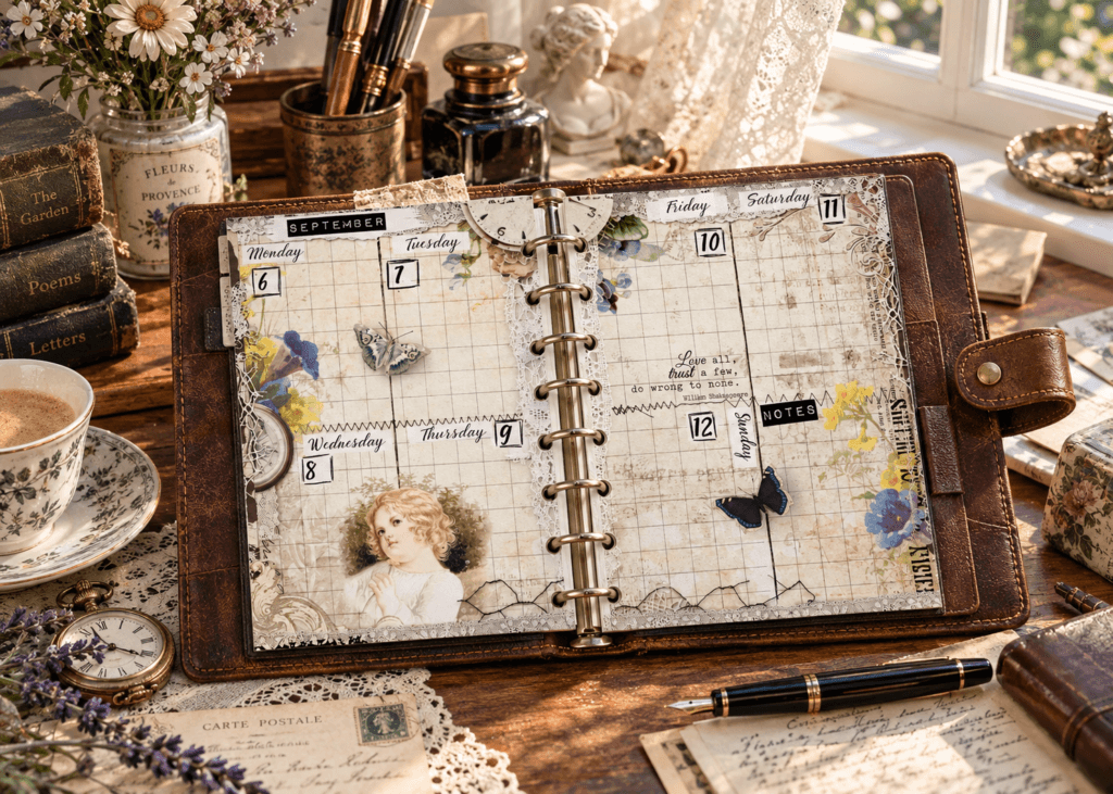 2028 Half Letter Planner weekly vintage pages in a brown leather ring planner on an antique writing desk