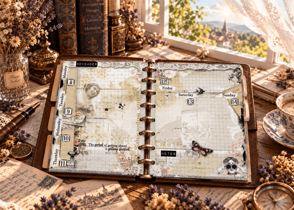 2028 vintage weekly planner pages in a brown leather ring planner on an antique writing desk
