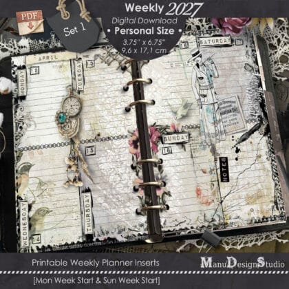 A two-page open planner featuring vintage-style collage art with sepia-toned paper, floral illustrations, butterfly motifs, and Victorian-era figures. The pages include lined sections for days of the week, clock graphics, and lace accents.