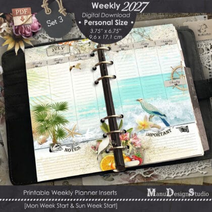 2027 Personal Size weekly planner printable inserts Set 2 with vintage-inspired beach-themed weekly layout
