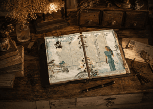 vintage desk with open personal size weekly planner inserts on antique wooden table in soft evening light, surrounded by antique writing tools and dried flowers.