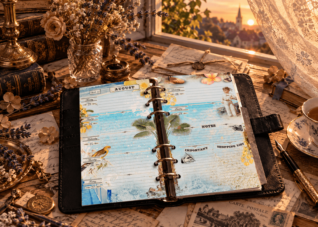 2027 Personal Size weekly planner pages with a vintage coastal-inspired beach design, palm leaves, flowers, birds and seaside details