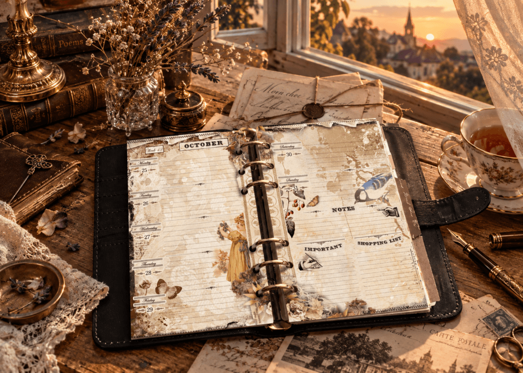 2027 Personal Size weekly planner on an antique desk with vintage illustrations, dried flowers, old letters and warm sunset light