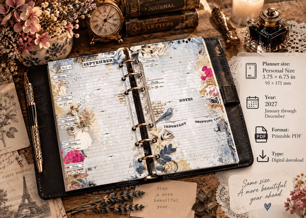 2027 Personal Size printable weekly planner with vintage-inspired floral design on an antique writing desk