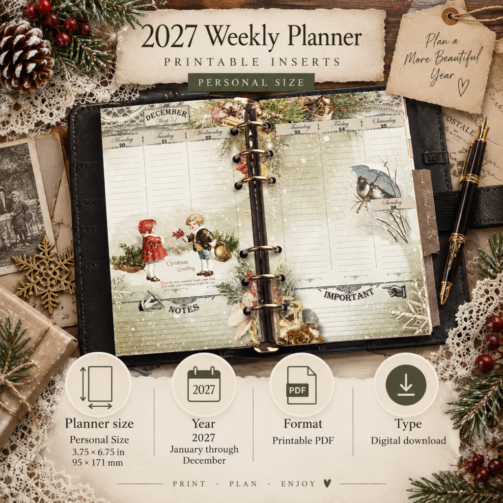 2027 Personal Size Weekly Planner printable inserts showing planner size, year, printable PDF format and digital download