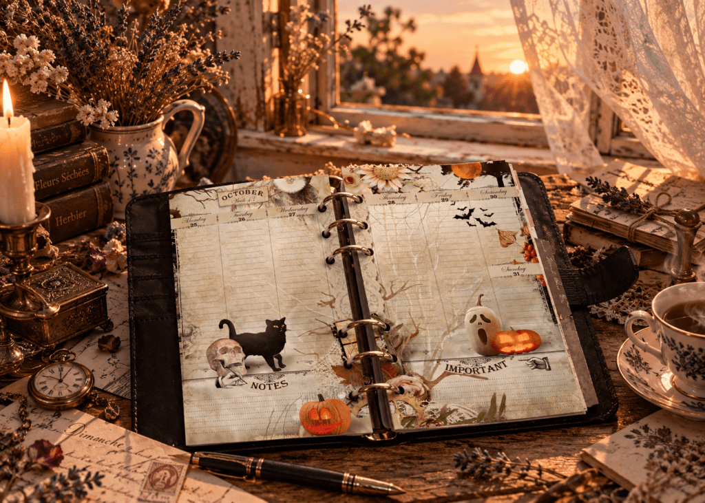 2027 Personal Size weekly planner Set 3 with vintage-inspired weekly pages on an antique desk at sunset