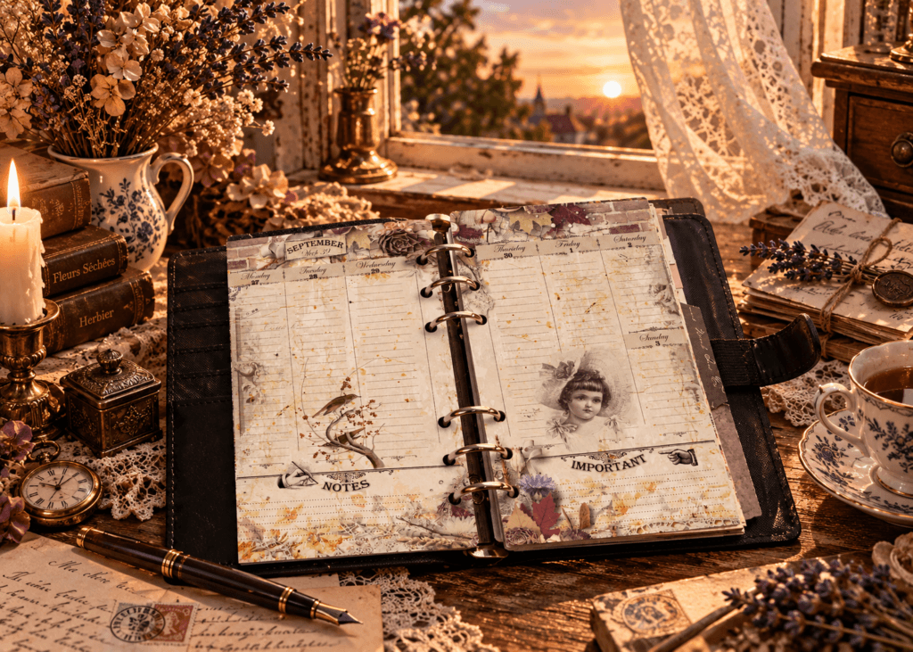 2027 Personal Size weekly planner Set 3 with vintage-inspired vertical weekly layout on an antique desk at sunset