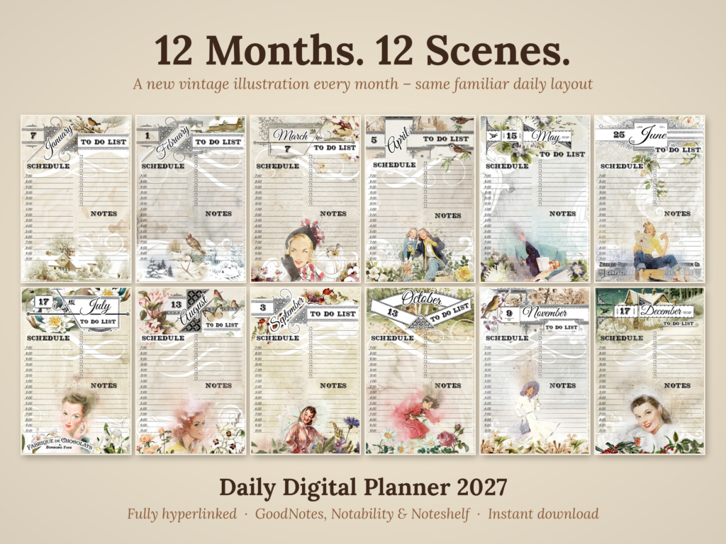 2027 digital daily planner with twelve vintage monthly illustrations from January to December