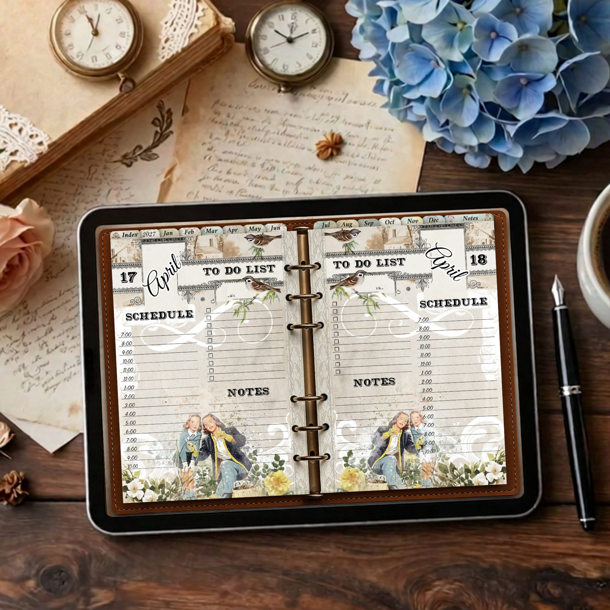 Open planner on a tablet showing an April to-do list and notes with blue flowers nearby on a wooden desk, vintage vibe.