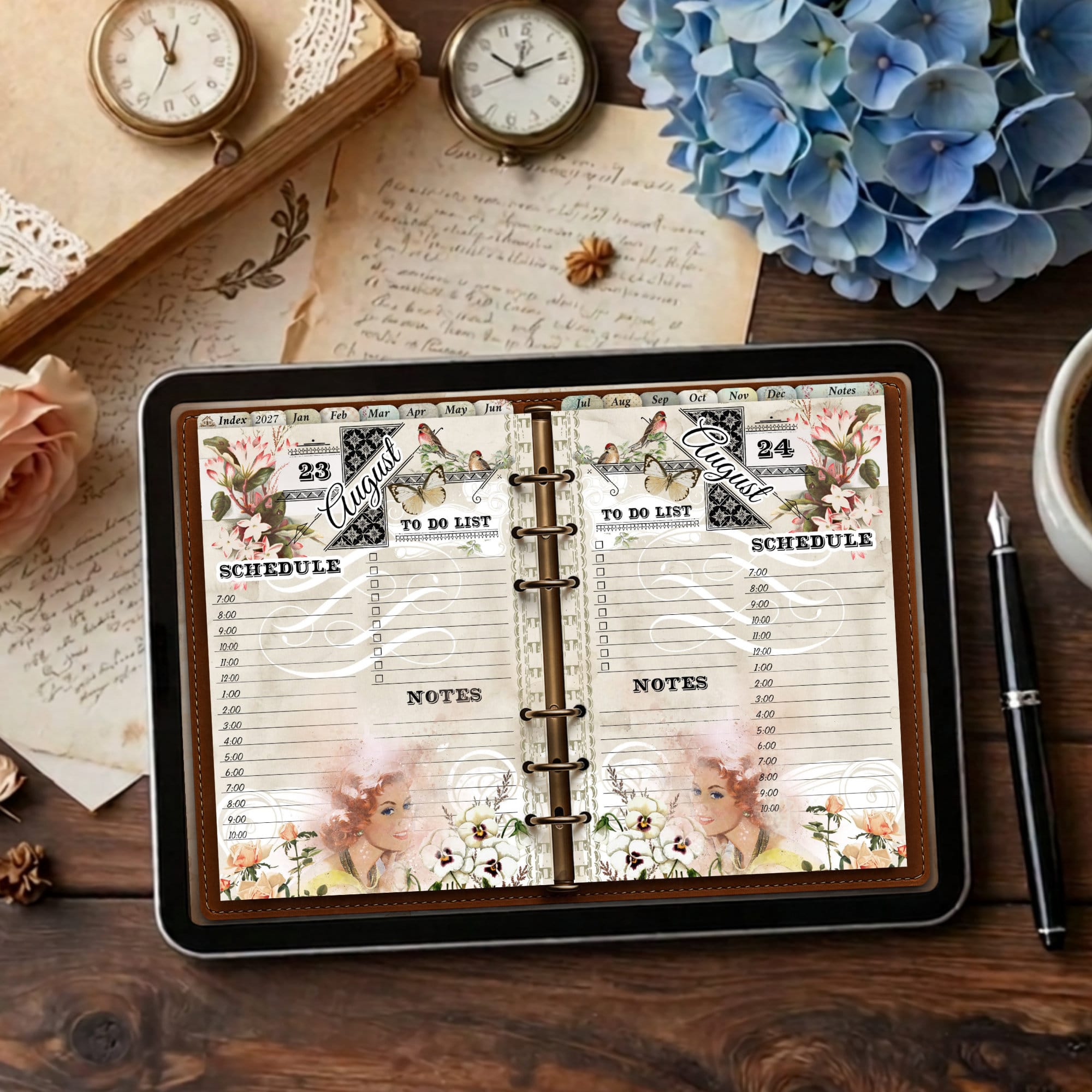 2027 digital daily planner with twelve vintage monthly illustrations from January to December, showing August spread of 2 days side by side.