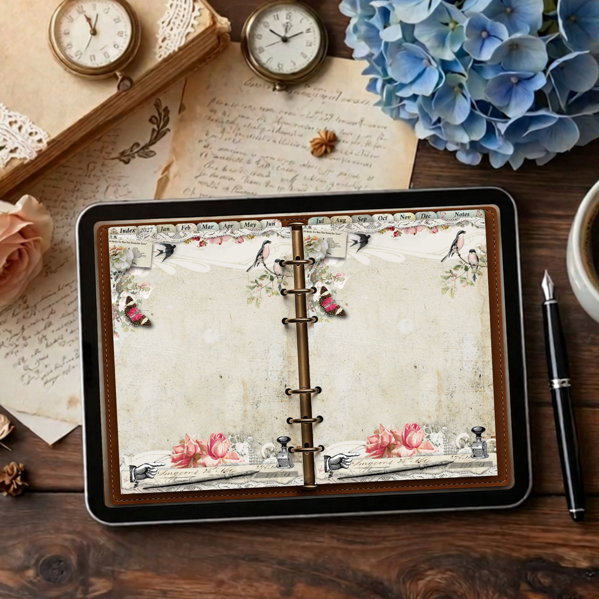 2027 digital daily planner with twelve vintage monthly illustrations from January to December, showing blank notes pages spread.